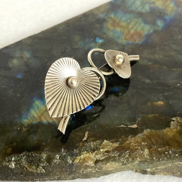 VTG 1950's Signed BEAU Sterling Silver Double Rayed Heart Leaf Foliage Brooch - Picture 4 of 16